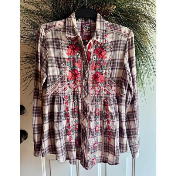 Johnny Was Candice Smock Plaid Floral Button Up Ladies Medium Top/Shirt/Blouse - Picture 7 of 16